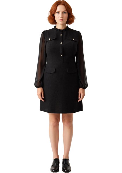 Kadın Tüvit Dokulu Şifon Balon Kollu Dik Yaka A Line Mini Elbise Şık ve Rahat Kullanım Için Ideal