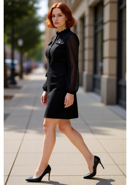 Kadın Tüvit Dokulu Şifon Balon Kollu Dik Yaka A Line Mini Elbise Şık ve Rahat Kullanım Için Ideal modelleri