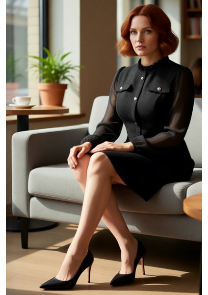 Kadın Tüvit Dokulu Şifon Balon Kollu Dik Yaka A Line Mini Elbise Şık ve Rahat Kullanım Için Ideal fırsatları