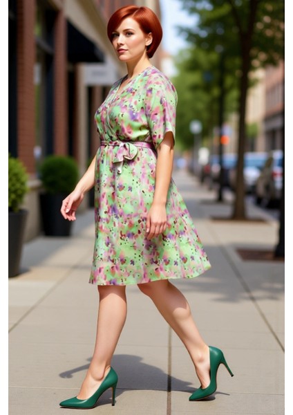 Kadın Büyük Beden Çiçek Desenli A Line Şifon Elbise Melek Kol V Yaka Kuşaklı Kısa Boy Yaz Stili modelleri