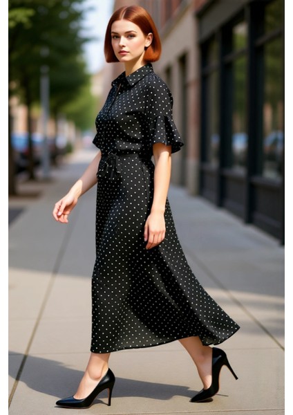 Kadınlar Için Konforlu A Line Kalıp Dokuma Viskon Maxi Elbise Kuşaklı Gömlek Yaka Tasarım Kaliteli modelleri