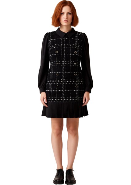 Kadın Uzun Balon Kol Gömlek Yaka Ekose Tüvit Elbise Modern A Line Kesim Kısa Boy Kış Için Kaliteli