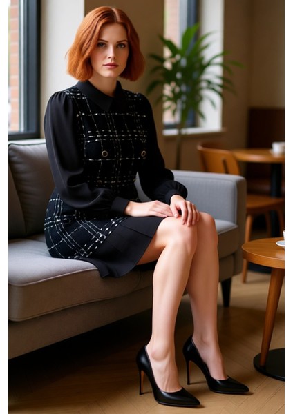 Kadın Uzun Balon Kol Gömlek Yaka Ekose Tüvit Elbise Modern A Line Kesim Kısa Boy Kış Için Kaliteli fırsatları