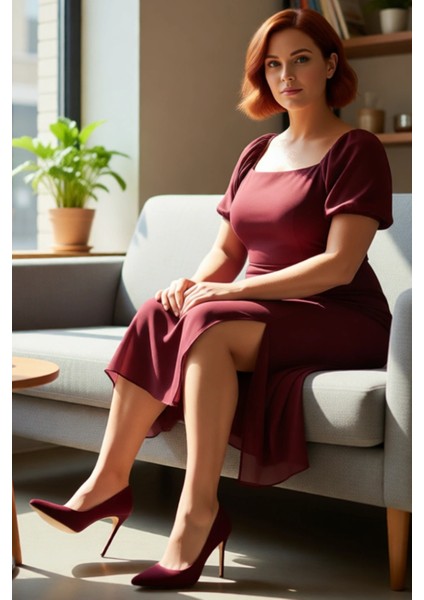 Kadınlara Özel Büyük Beden Kare Yaka Balon Kollu Astarlı Midi Boy Şifon Yırtmaçlı Elbise Kaliteli fırsatları