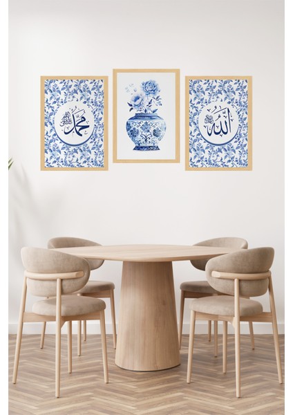 🔵 Mavi Çiçekli Allah & Muhammed Yazılı 3’lü Tablo Seti – Zarif Vazo Detaylı 🌸🕊️ CRVS1186 13 x 17 fiyatları