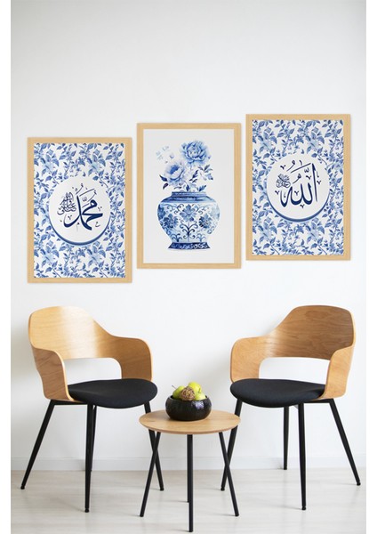 🔵 Mavi Çiçekli Allah & Muhammed Yazılı 3’lü Tablo Seti – Zarif Vazo Detaylı 🌸🕊️ CRVS1186 13 x 17 modelleri