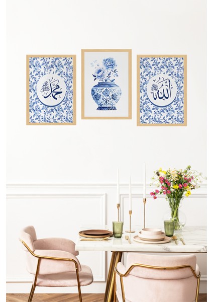 🔵 Mavi Çiçekli Allah & Muhammed Yazılı 3’lü Tablo Seti – Zarif Vazo Detaylı 🌸🕊️ CRVS1186 13 x 17 fırsatları