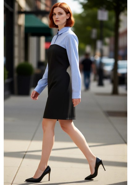 Kadınlara Özel Bodycon Kesim Renk Bloklu Gömlek Yaka Mini Elbise Uzun Kol Ofis ve Sosyal Ortamlar modelleri