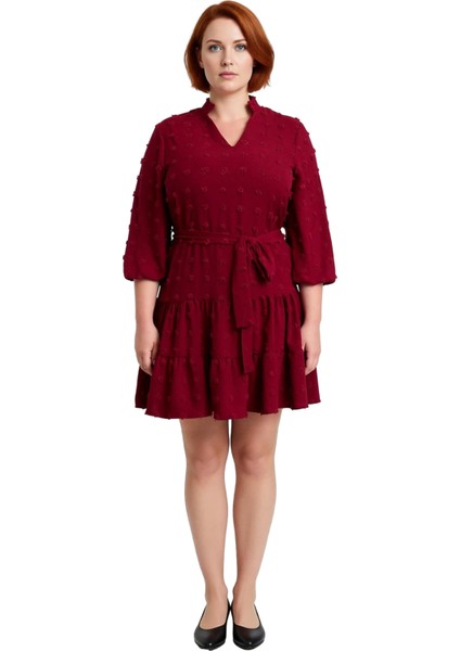 Kadınlar Için Konforlu A Line Bordo Dokuma Dokulu V Yaka Mini Elbise Ilkbahar ve Sonbahar.