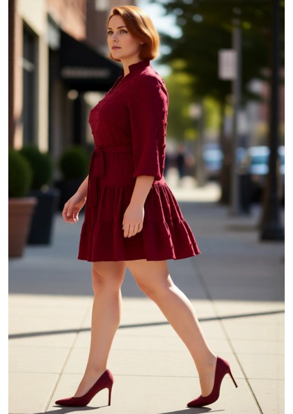 Kadınlar Için Konforlu A Line Bordo Dokuma Dokulu V Yaka Mini Elbise Ilkbahar ve Sonbahar. modelleri
