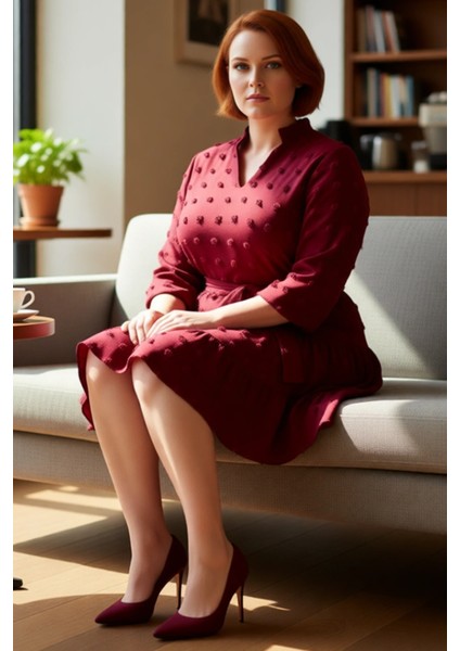 Kadınlar Için Konforlu A Line Bordo Dokuma Dokulu V Yaka Mini Elbise Ilkbahar ve Sonbahar. fırsatları