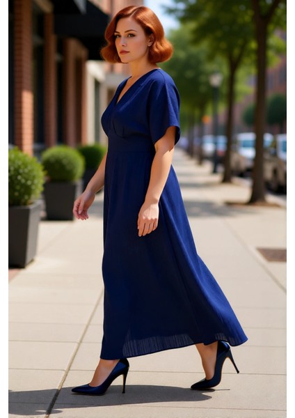 Kadın Şık V Yaka Kısa Kol A Line Büyük Beden Maxi Elbise Dokuma Crinkle Kumaş Rahat Giy Çık modelleri