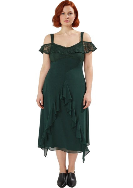 Kadın Büyük Beden Şık V Yaka Düşük Kol Detaylı Skater Maxi Elbise Yaz Akşamları ve Özel Günler Için