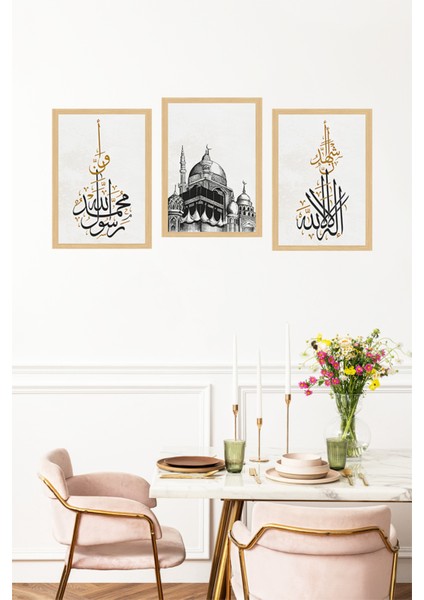 🕋 Kelime-I Tevhid ile Evinizde Huzur Estetiği! Çerçeve Görünümlü 3’lü Tablo Seti 🌟 CRVS1189 13 x 17 fırsatları