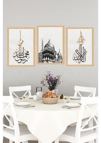 🕋 Kelime-I Tevhid ile Evinizde Huzur Estetiği! Çerçeve Görünümlü 3’lü Tablo Seti 🌟 CRVS1189 13 x 17 indirimleri