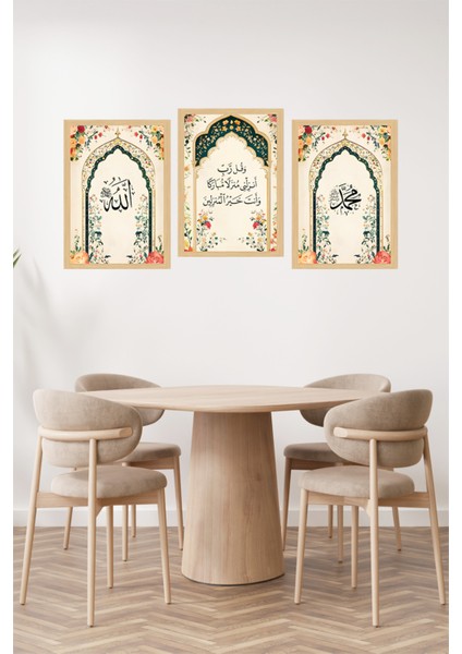 🌸 Allah - Dua - Muhammed Yazılı Çiçekli 3'lü Tablo Seti 🌸 CRVS1203 13 x 17 fiyatları