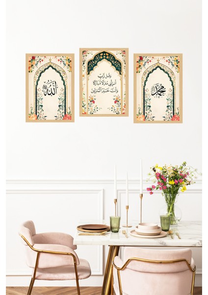 🌸 Allah - Dua - Muhammed Yazılı Çiçekli 3'lü Tablo Seti 🌸 CRVS1203 13 x 17 fırsatları