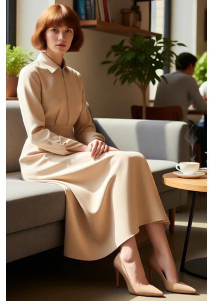 Kadın Tesettür Gabardin Dokuma Maxi Elbise Fermuar Detaylı Gömlek Yaka Düz A Kesim Kış Kaliteli fırsatları