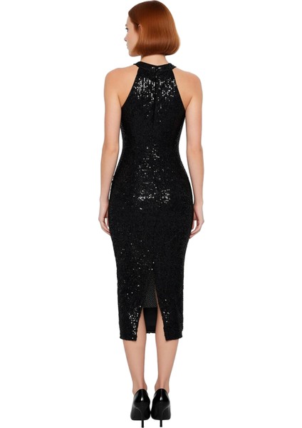 Kadın Bodycon Kesim Halter Yaka Midi Boy Pul Işlemeli Parıltılı Astarlı Abiye Elbise Kaliteli modelleri