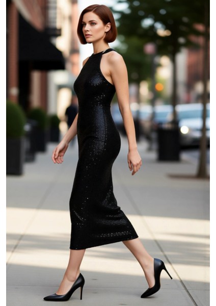Kadın Bodycon Kesim Halter Yaka Midi Boy Pul Işlemeli Parıltılı Astarlı Abiye Elbise Kaliteli fırsatları