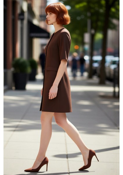 Kadın Kahverengi Düz Desen Kısa Kol A Line Dokuma Elbise Modern Mini Boy Ofis ve Günlük Kullanım modelleri