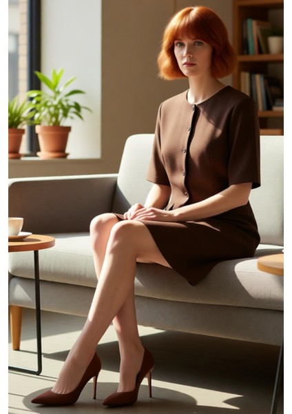 Kadın Kahverengi Düz Desen Kısa Kol A Line Dokuma Elbise Modern Mini Boy Ofis ve Günlük Kullanım fırsatları