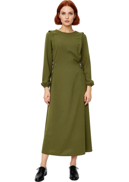 Kadın Beli Ip Bağlama Detaylı Uzun Balon Kol Aerobin Dokuma Maxi Shift Elbise Ilkbahar Sonbahar