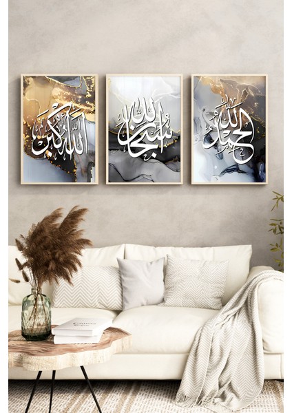 ✨ Allah Lafızlı 3'lü Çerçeveli Tablo Seti – Altın Gri Arka Planlı Modern Hat Sanatı ✨🌸 CRV1225 23 x 32 fırsatları