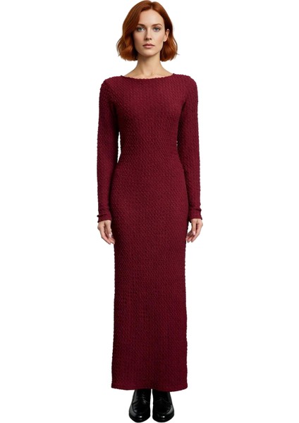 Kadın Örme Maxi Elbise Bodycon Kalıp Uzun Kollu Kayık Yaka Sırt Dekolteli Günlük Şık Giyim