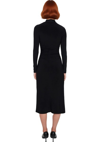 Kadın Uzun Kollu Bodycon Siluet Dik Yaka Midi Örme Elbise Drape Detaylı Kışlık Şıklık Kaliteli fiyatları