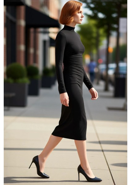 Kadın Uzun Kollu Bodycon Siluet Dik Yaka Midi Örme Elbise Drape Detaylı Kışlık Şıklık Kaliteli modelleri