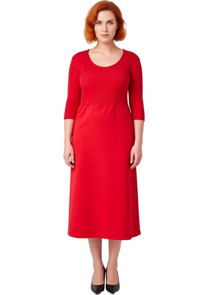 Kadın Smart Ofis Casual Günlük Kullanım Midi Triko A Line Havuz Yaka Truvakar Kol Elbise Kaliteli