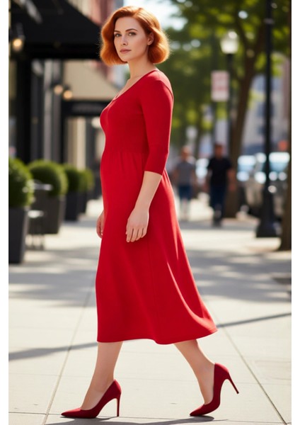 Kadın Smart Ofis Casual Günlük Kullanım Midi Triko A Line Havuz Yaka Truvakar Kol Elbise Kaliteli modelleri