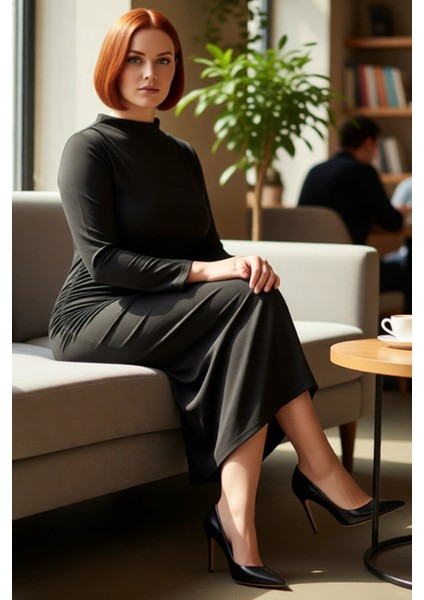 Kadın Siyah Dik Yaka Maxi Boy Yırtmaç Detaylı Uzun Yarasa Kol Şık Kışlık Büyük Beden Örgü Elbise