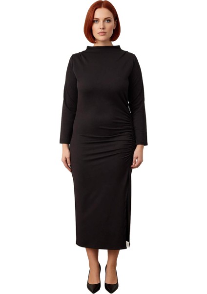 Kadın Siyah Dik Yaka Maxi Boy Yırtmaç Detaylı Uzun Yarasa Kol Şık Kışlık Büyük Beden Örgü Elbise fiyatları