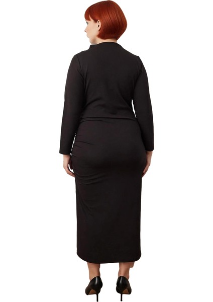 Kadın Siyah Dik Yaka Maxi Boy Yırtmaç Detaylı Uzun Yarasa Kol Şık Kışlık Büyük Beden Örgü Elbise modelleri