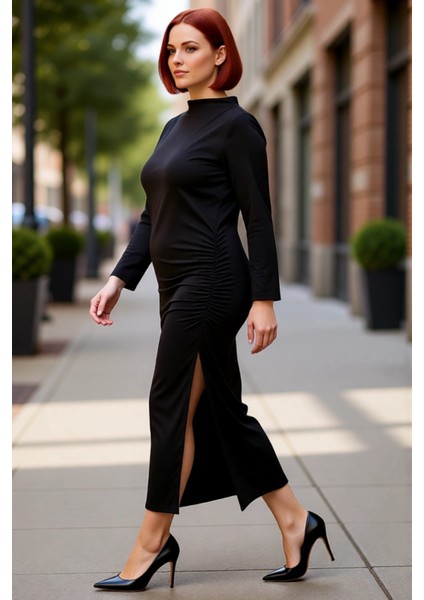 Kadın Siyah Dik Yaka Maxi Boy Yırtmaç Detaylı Uzun Yarasa Kol Şık Kışlık Büyük Beden Örgü Elbise fırsatları