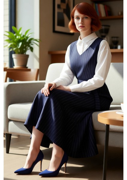 Kadın Kolsuz Jile Elbise Dokuma Kumaş Çizgili Desen V Yaka Rahat Şık Günlük Kombinler Kaliteli fırsatları