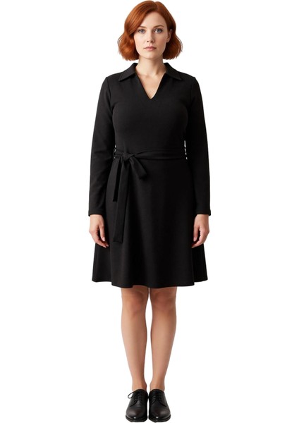 Büyük Beden Kadın A Line Kesim Örme Kumaş Polo Yaka Mini Elbise Ofis ve Günlük Kombinler Için