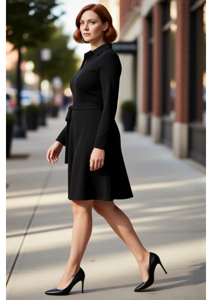 Büyük Beden Kadın A Line Kesim Örme Kumaş Polo Yaka Mini Elbise Ofis ve Günlük Kombinler Için modelleri