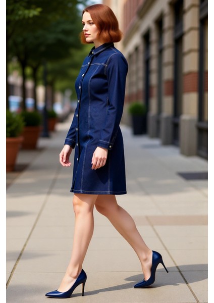 Kadın A Line Kesim Denim Gömlek Yaka Uzun Kollu Elbise Modern Şık Büyük Beden Günlük Kombinler Için modelleri