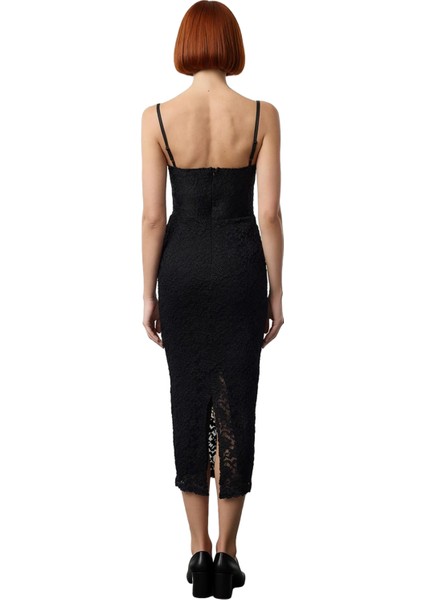 Kadın Şık Midi Elbise Astarlı Bodycon Kalıp Kalp Yaka Dantel Detaylı Özel Davetler Için Kolsuz fiyatları