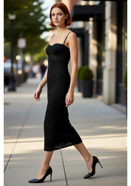 Kadın Şık Midi Elbise Astarlı Bodycon Kalıp Kalp Yaka Dantel Detaylı Özel Davetler Için Kolsuz modelleri