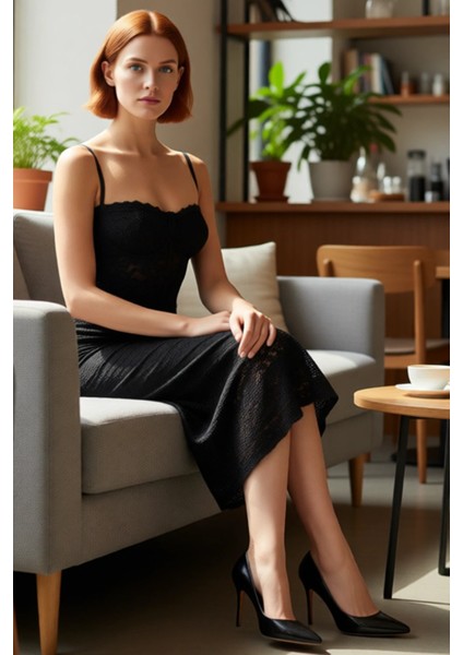 Kadın Şık Midi Elbise Astarlı Bodycon Kalıp Kalp Yaka Dantel Detaylı Özel Davetler Için Kolsuz fırsatları