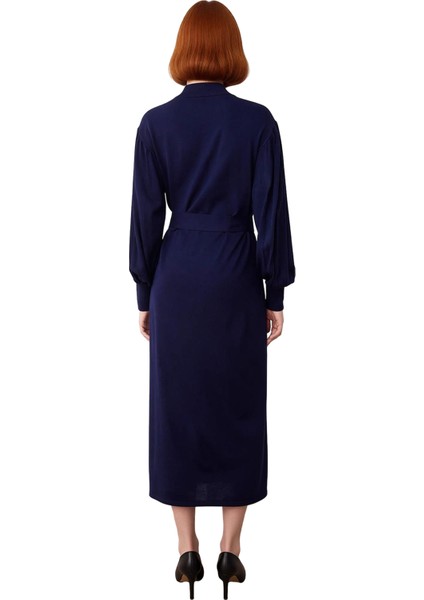 Kadın Uzun Kol Düz Akrilik Triko Elbise Dik Yaka Balon Kollu Maxi Boy Kemerli Günlük Şıklık fiyatları