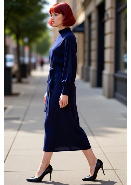 Kadın Uzun Kol Düz Akrilik Triko Elbise Dik Yaka Balon Kollu Maxi Boy Kemerli Günlük Şıklık modelleri