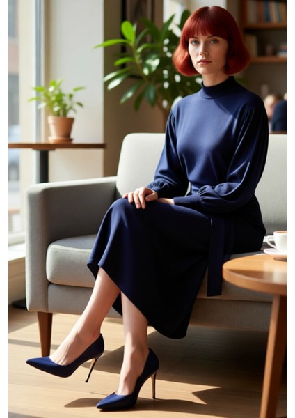 Kadın Uzun Kol Düz Akrilik Triko Elbise Dik Yaka Balon Kollu Maxi Boy Kemerli Günlük Şıklık fırsatları