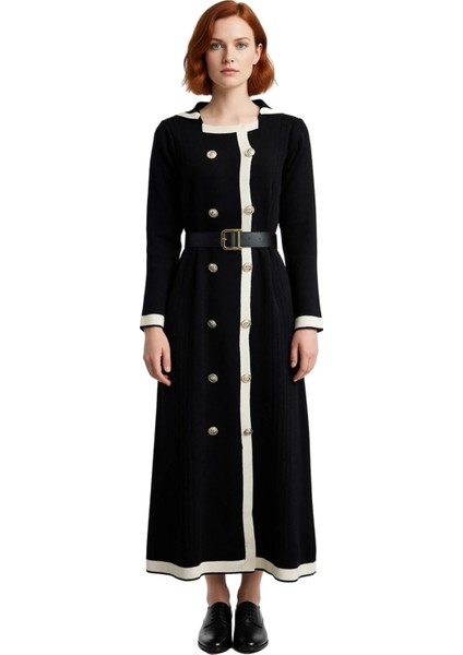 Kadın Smart Office A Line Kuşaklı Düğmeli Triko Elbise Ceket Yaka Uzun Kollu Kış Stili Kaliteli