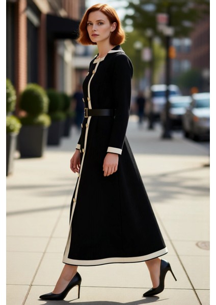 Kadın Smart Office A Line Kuşaklı Düğmeli Triko Elbise Ceket Yaka Uzun Kollu Kış Stili Kaliteli modelleri