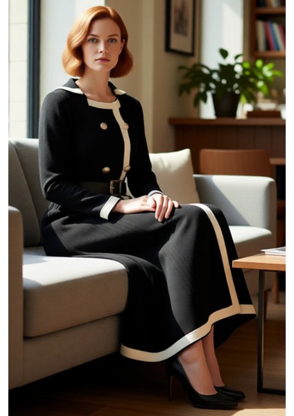 Kadın Smart Office A Line Kuşaklı Düğmeli Triko Elbise Ceket Yaka Uzun Kollu Kış Stili Kaliteli fırsatları